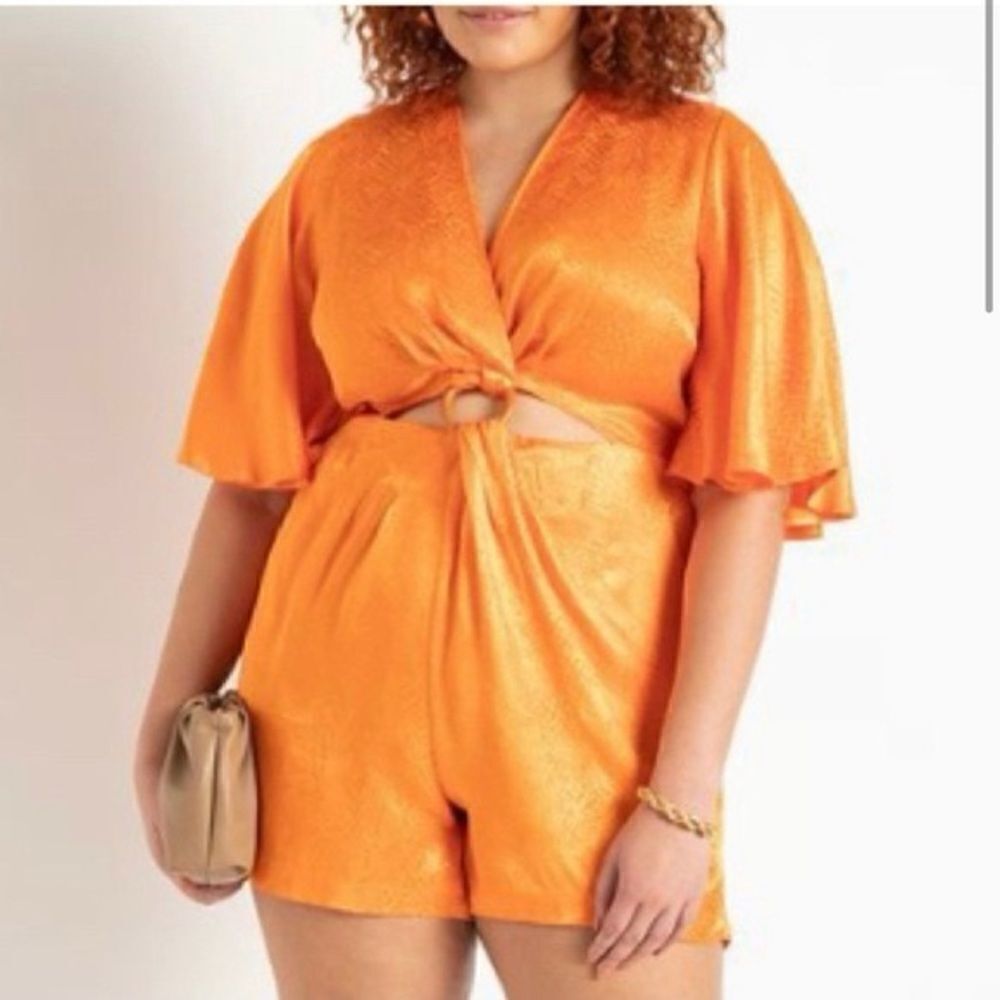 Eloquii Orange Jacquard Satin O-Ring Cutout V-Neck Romper